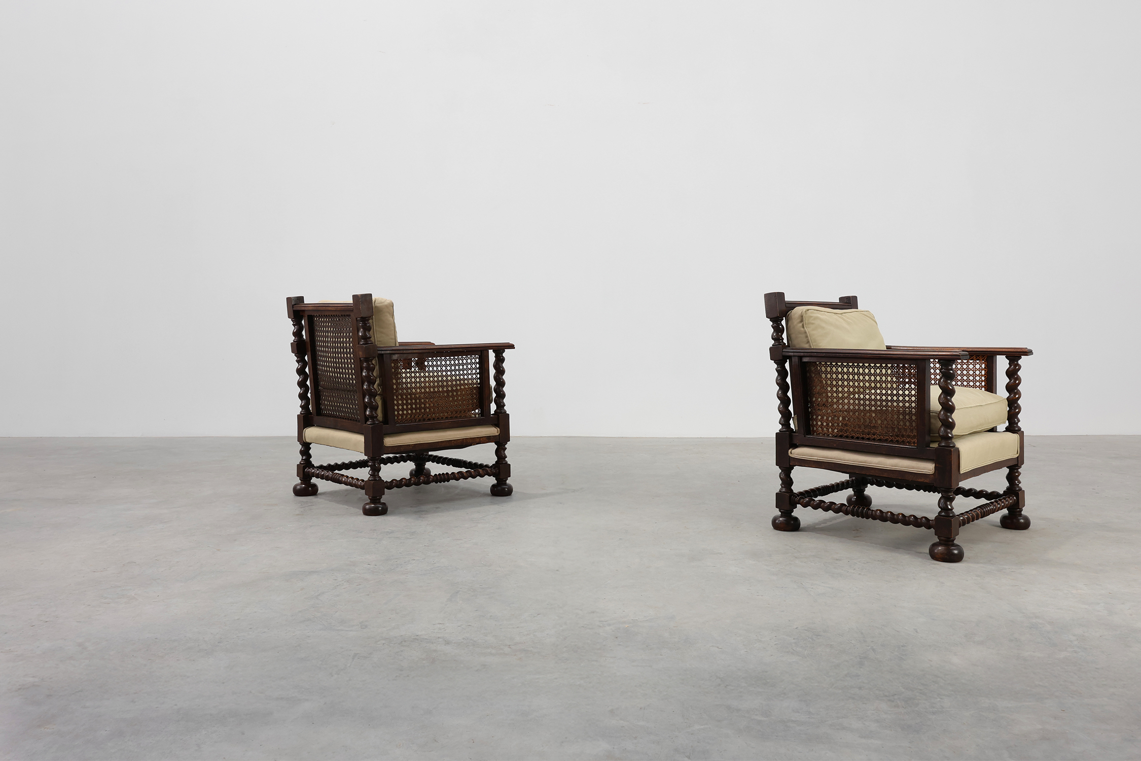 Pair of Antique English Oak and Rattan Armchairs with Twisted Details, UK ca. 1880thumbnail